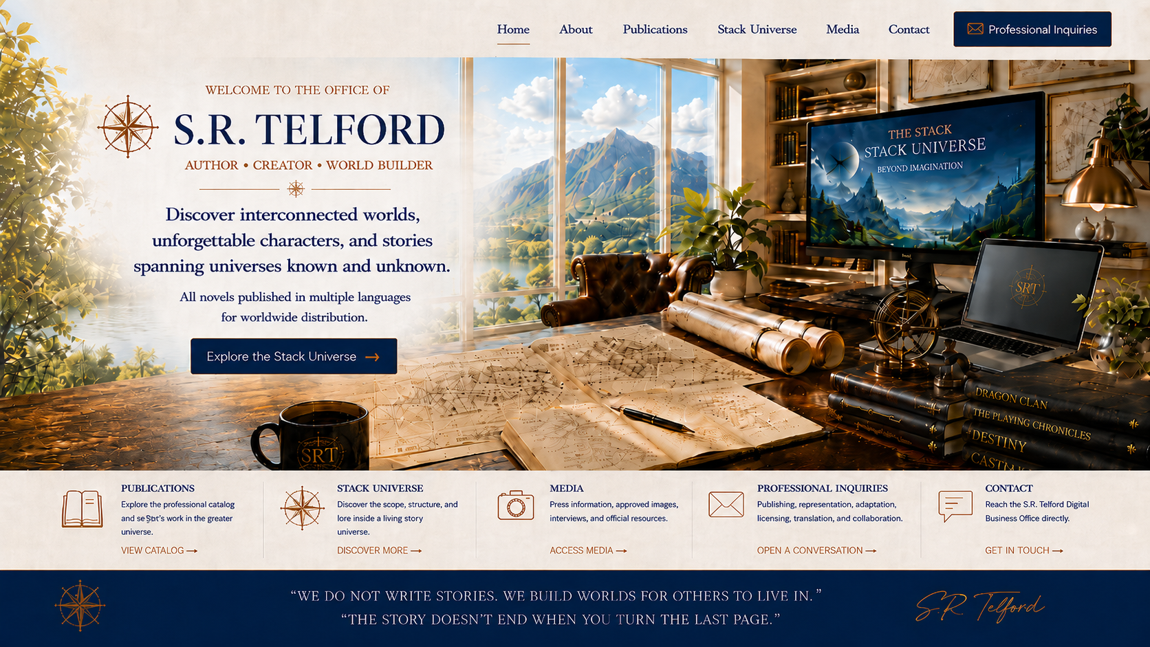 S.R. Telford Digital Business Office, featuring the Stack Universe creator's office, publications, media and professional inquiry destinations.